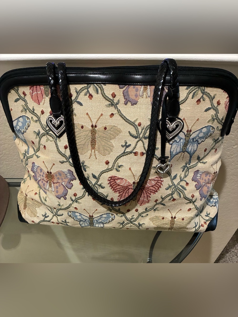 Brighton Butterfly Tapestry zipper Tote Bag with Black braided leather Trim